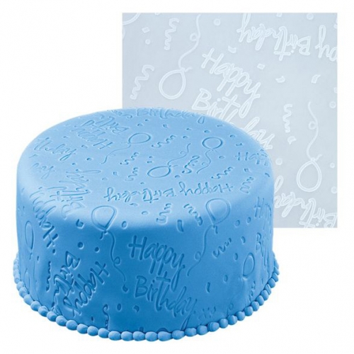 SZILIKON FONDANT MINTÁZÓ LAP, NYÚJTÓLAP - HAPPY BIRTHDAY 50x50 cm